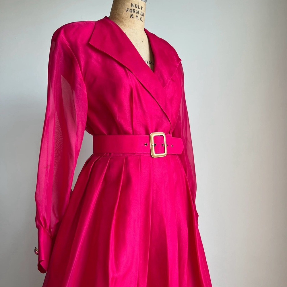 Vintage 1980s 80s Raspberry Silk Organza V-neck Puff Sleeve MIDI Dress